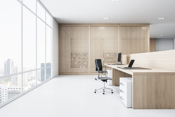 Modern office interior with furniture, window with city view, equipment and wooden partitions. 3D Rendering.
