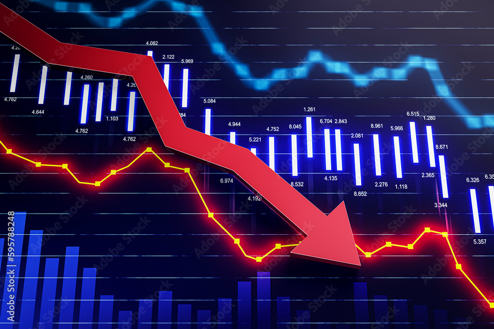 Poster falling red afinancial chart arrow on blue background. crisis, downward trend and market crash conce