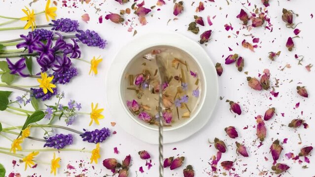 Healthy herbal tea in a white cup with medicinal herbs, spring flowers and Chinese tea rose buds Mei Gui Hua for relaxation and wellness. Floral Infusion, top view, vertical video, copy space
