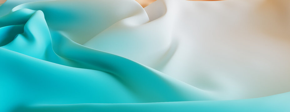 Orange and Cyan Fabric with Wrinkles and Folds. Multicolored Luxury Surface Wallpaper.