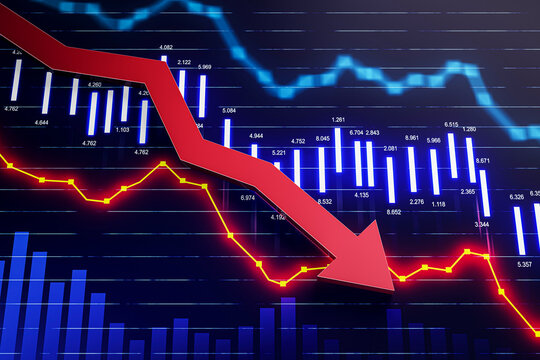 Falling red afinancial chart arrow on blue background. Crisis, downward trend and market crash concept. 3D Rendering.