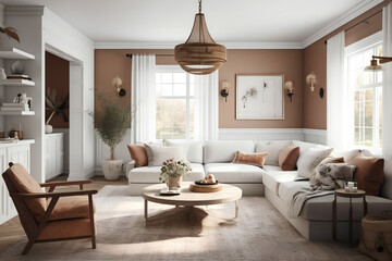 Fototapeta na wymiar Warm and Inviting Scandinavian Living Room with Cozy Atmosphere and Timeless Design, Generative AI