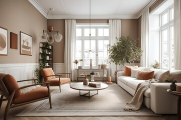 Naklejka na ściany i meble Warm and Inviting Scandinavian Living Room with Cozy Atmosphere and Timeless Design, Generative AI