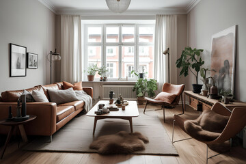 Fototapeta premium Warm and Inviting Scandinavian Living Room with Cozy Atmosphere and Timeless Design, Generative AI