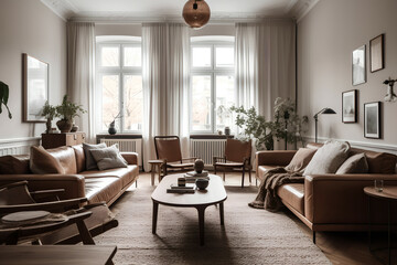 Fototapeta premium Warm and Inviting Scandinavian Living Room with Cozy Atmosphere and Timeless Design, Generative AI