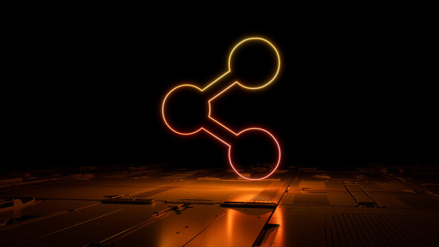 Orange and Yellow Network Technology Concept with share symbol as a neon light. Vibrant colored icon, on a black background with high tech floor. 3D Render