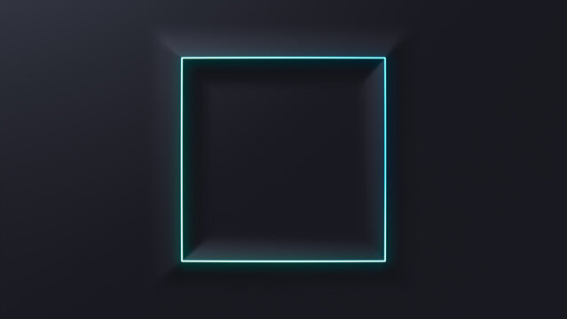 Minimalist Tech Background with Raised Square and Turquoise Illuminated Edge. Black Surface with Embossed 3D Shape. 3D Render.