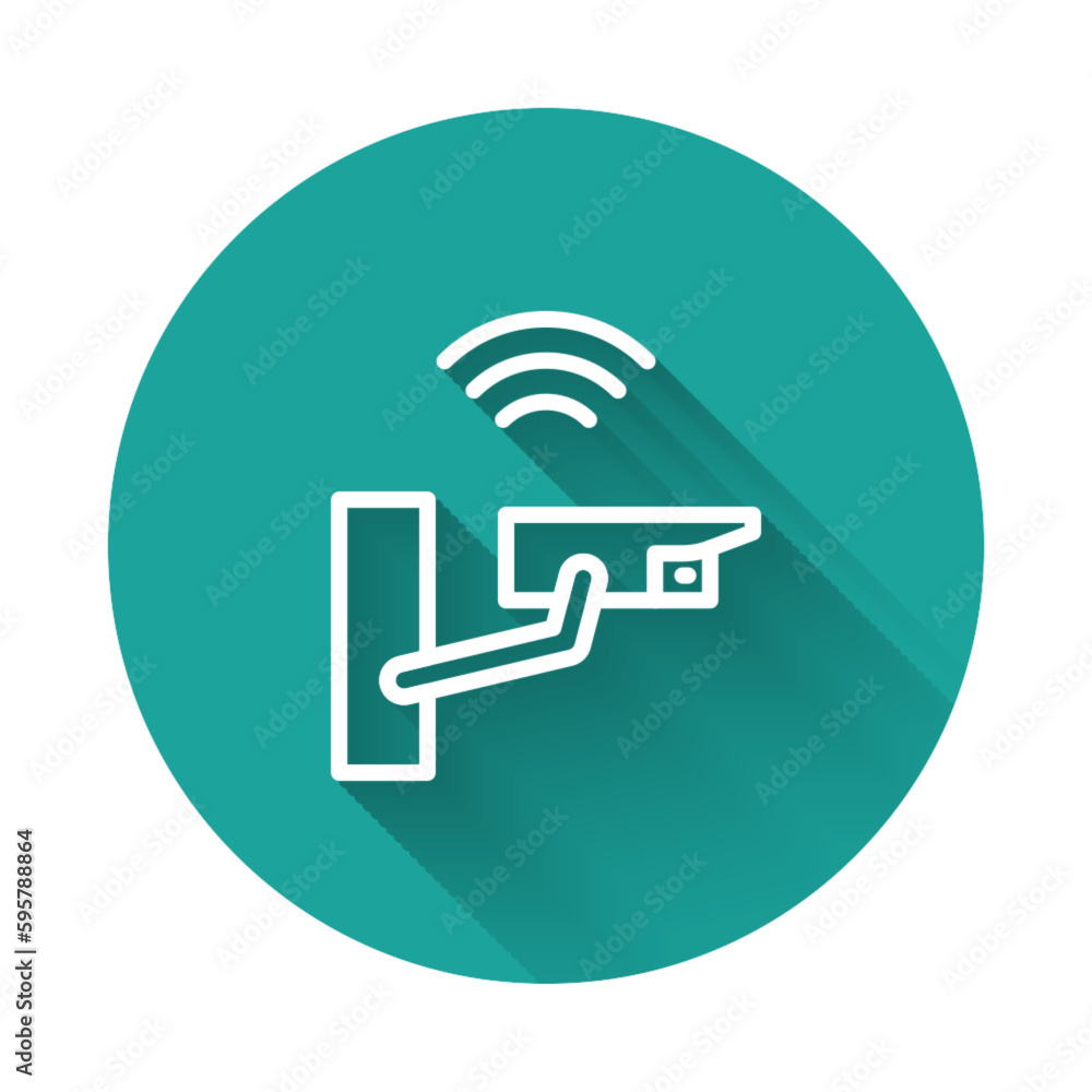 Poster white line smart security camera icon isolated with long shadow. internet of things concept with wir