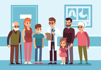 Male family doctor consults with large family. Professional medic staff in clinic or hospital. Pediatrician and therapist for different generation. Cartoon flat isolated vector concept