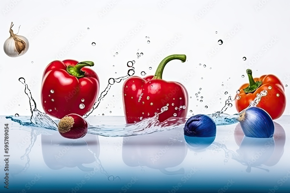 Poster red peppers falling into water, creating a splash effect. generative ai