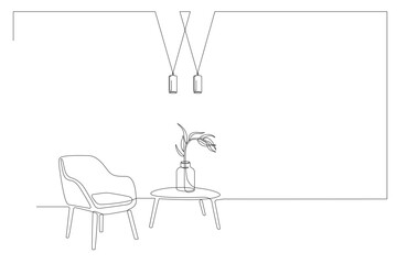 One line interior with armchair, plant in vase on table, lamp. Single line drawing of Living room with modern furniture. Continuous line Hand draw contour. Bulb, flower in pot. Editable stroke vector