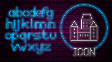 Glowing neon line Chateau Frontenac hotel in Quebec City, Canada icon isolated on brick wall background. Neon light alphabet. Vector
