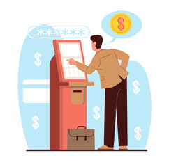 Obraz na płótnie Canvas Man takes money from an ATM or bank terminal. Banking finance transfer, automated machine, electronic cashpoint. Bank customer. Financial transactions cartoon flat style vector concept