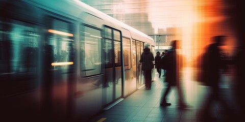 Blurred people in the subway. Illustration of the speed of life in a big city. Speed of life, futuristic blurred people at stop. Speed of life, futuristic blurred people at bus stop. Generative AI