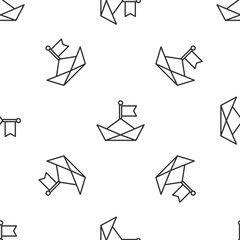 Grey line Folded paper boat icon isolated seamless pattern on white background. Origami paper ship. Vector