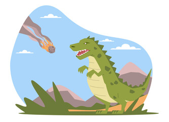 Meteorite falling to Earth and making dinosaurs extinct. Planet evolution. Asteroid explosion. Prehistoric era. Childish book or print. Cartoon flat style isolated dino vector concept