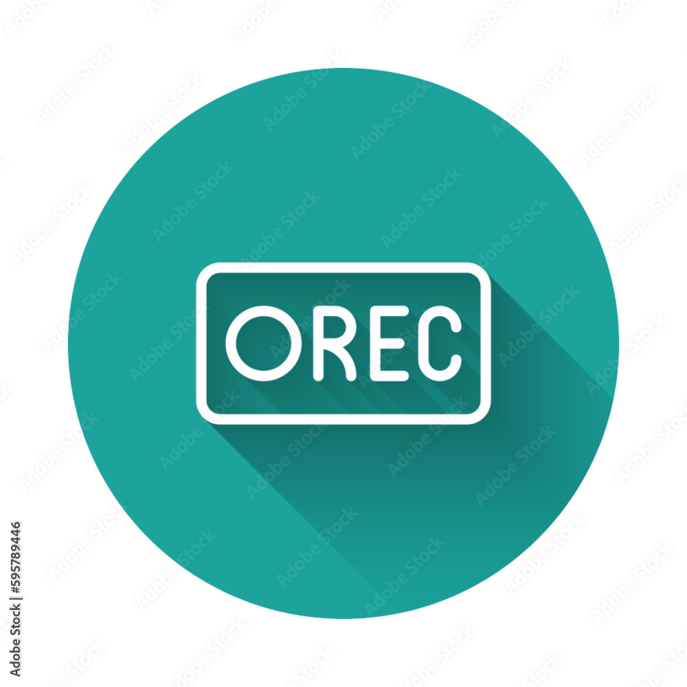 Poster white line record button icon isolated with long shadow background. rec button. green circle button.