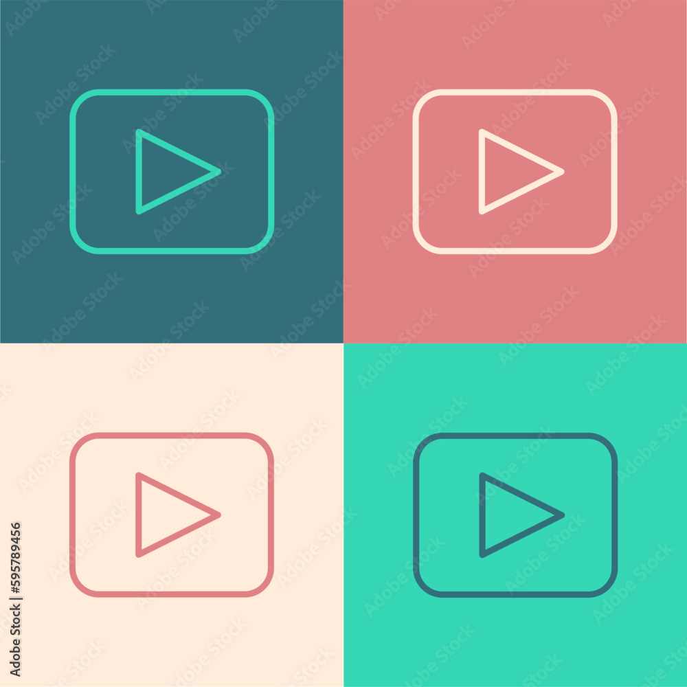 Poster pop art line play button icon isolated on color background. vector