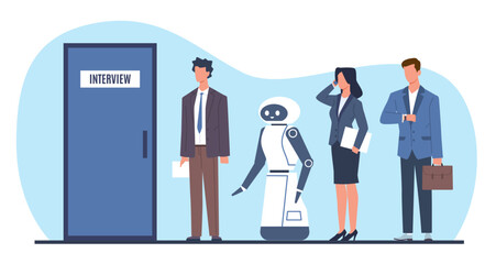 People and robot standing in line waiting to be interviewed before being hired. Candidate competition for vacancy. Men women and ai employee, cartoon flat style isolated vector concept