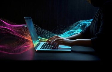 Digital Whirlwind: Person Typing on Laptop with Swirling Colors Representing Number Lines