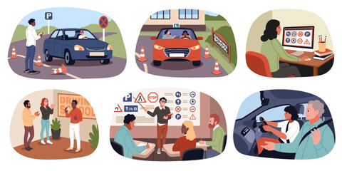 People at driving car school. Student study rules of road, practical and theoretical education, distance lessons, drivers in car in city and parking, cartoon flat illustration, tidy vector set