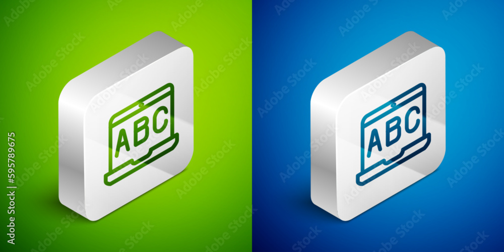 Poster isometric line e-learning of different foreign languages icon isolated on green and blue background.