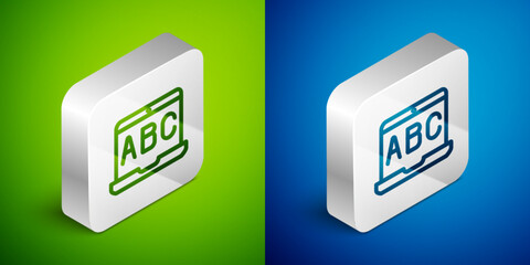 Isometric line E-learning of different foreign languages icon isolated on green and blue background. Silver square button. Vector