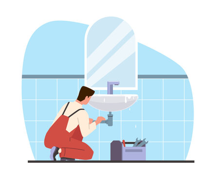 Plumber fixes leaky pipe or clog in sink. Repair man in toilet room. Leaking broken sewer. Repair service. Flood and destruction in bathroom. Cartoon flat illustration. Vector concept