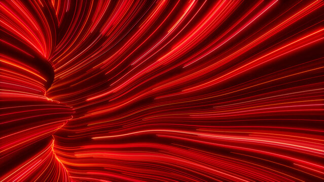 Colorful Neon Lines Tunnel with Red, Orange and White Swirls. 3D Render.