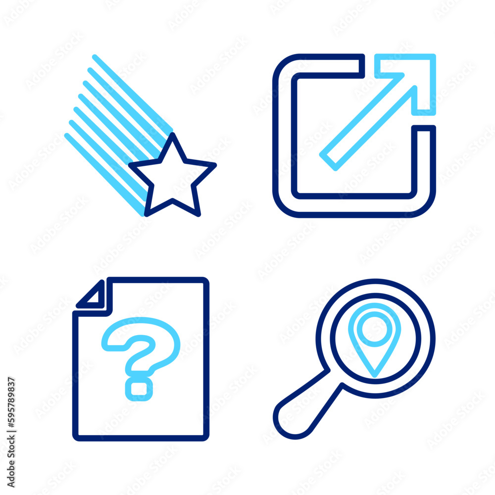 Poster set line search location, unknown document, open in new window and falling star icon. vector