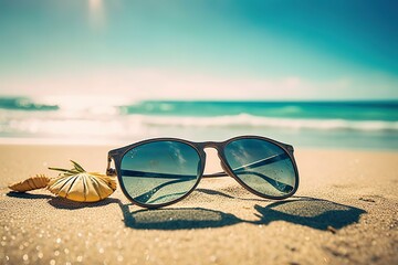 Fototapeta na wymiar Sunglasses on the beach Generative AI