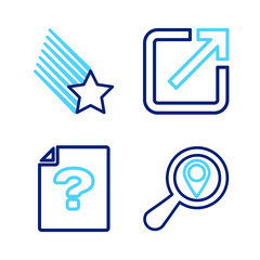 Set line Search location, Unknown document, Open in new window and Falling star icon. Vector