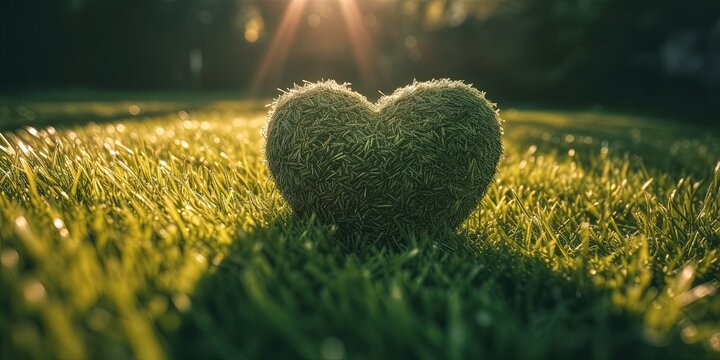 Image of fresh spring green grass in heart shape. Grass heart shape, love green. Heart shaped for earth day. Generative AI