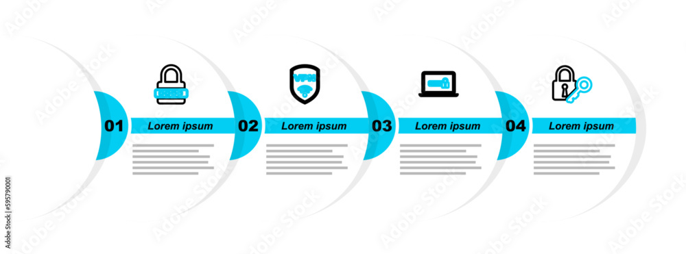 Poster set line lock and key, laptop with password, shield vpn wireless and password protection icon. vecto