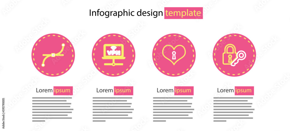 Aufkleber set line heart with keyhole, lock and, vpn computer network and bezier curve icon. vector