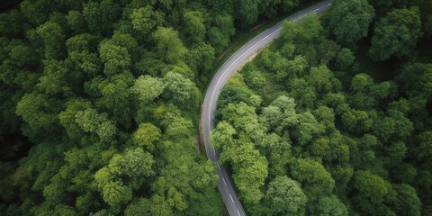 Aerial view of a road in the middle of the forest. Generative AI