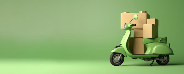 Green Scooter on green background. Delivery concept with Brown boxes. Generative AI.