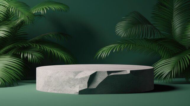 Green Product background with stone plinth and Tropical Leaves. Generative AI.