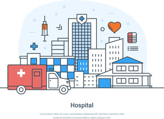 Hospital building and ambulance car on city landscape background. Medical clinic, urban health care infrastructure. Medical care, emergency, rehabilitation thin line design of vector doodles