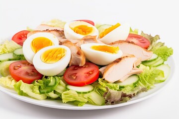 Fototapeta na wymiar fresh and colorful salad with boiled eggs, tomatoes, lettuce, and cucumbers on a plate. Generative AI