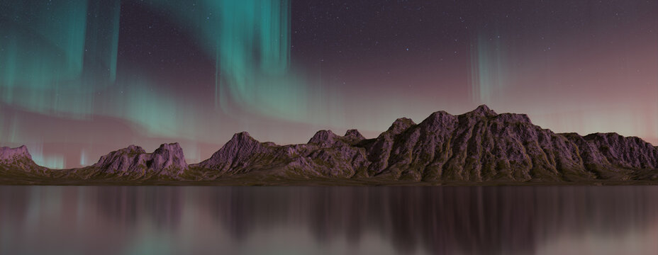 Rugged Landscape with Aurora Lights. Green Sky Banner with copy-space.