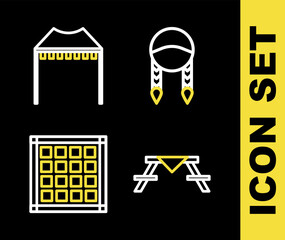 Set line Braid, Picnic table with benches, Checkered napkin and Camping tent icon. Vector