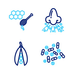 Set line Medicine pill or tablet, Kidney beans, Runny nose and Honeycomb with honey dipper icon. Vector