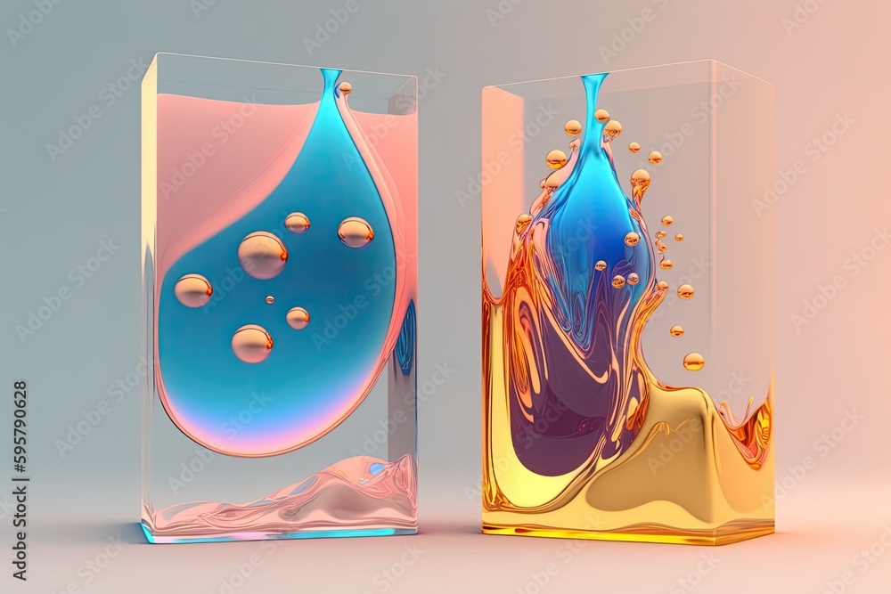 Poster two clear glass vases filled with colorful liquids and placed on a table. generative ai