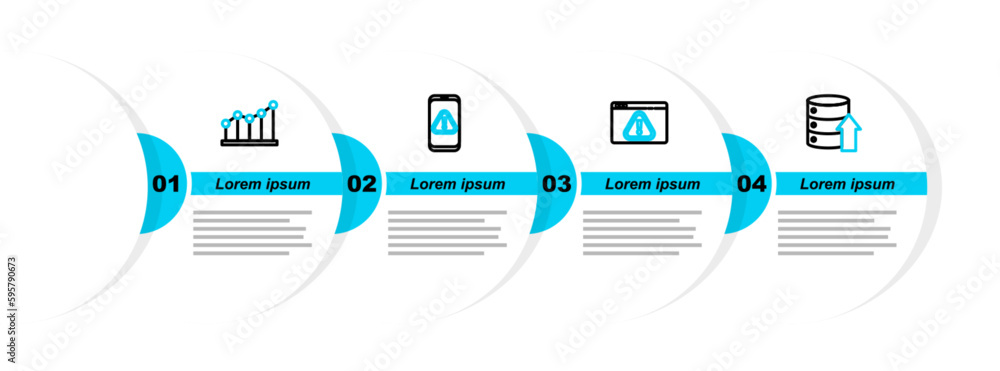Poster set line server, data, web hosting, browser with exclamation mark, mobile and pie chart infographic 