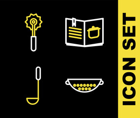 Set line Cookbook, Kitchen colander, ladle and Pizza knife icon. Vector
