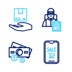 Set line Mobile phone and shopping cart, Stacks paper money cash, Delivery man with cardboard boxes and hand icon. Vector