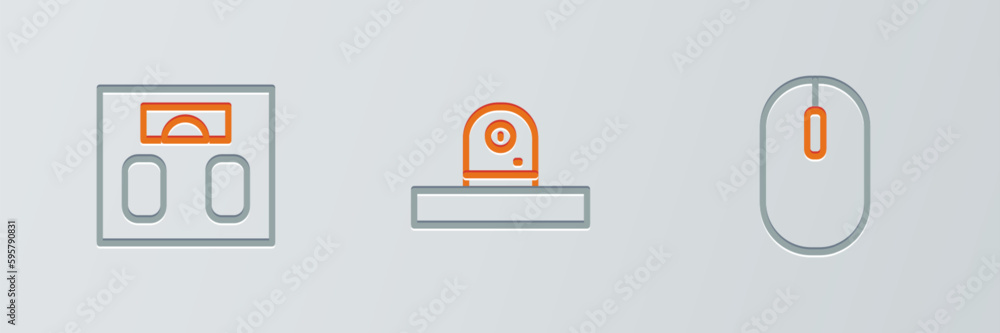 Aufkleber set line computer mouse, bathroom scales and security camera icon. vector