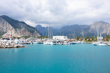 Fototapeta na wymiar Sailboat harbor. modern water transport, summertime vacation, luxury lifestyle and wealth concept.