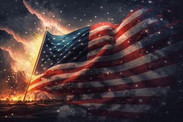 Illustration of flag usa on fireworks background in clouds for Independence Day. Symbol of America